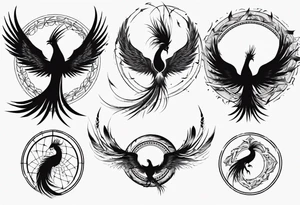 Vertical open mouthed flying Phoenix in circle with long abstract dream catcher feather tail tattoo idea