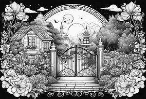 night fairy town  garden small houses gate entrance 
 in circle vignette surrounded by clouds floral tattoo idea