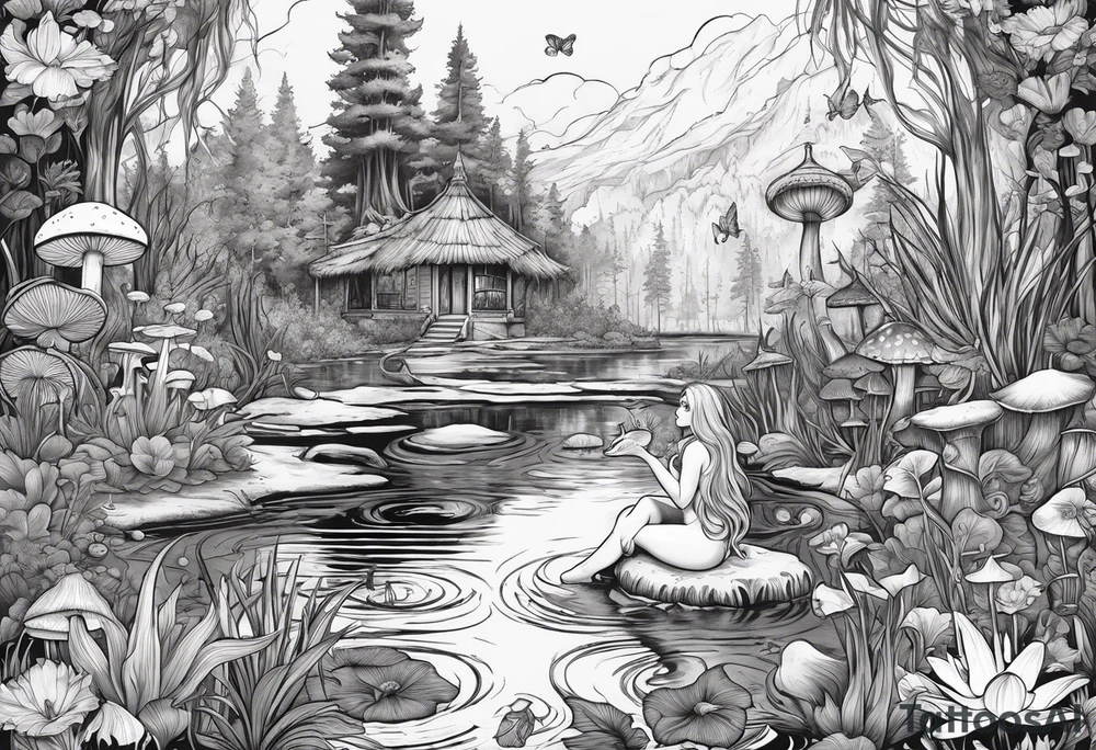 A swamp that has a mermaid in the middle with cypress trees, mushrooms, wild flowers, lily pads, frogs, and bugs all around. tattoo idea