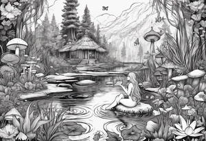 A swamp that has a mermaid in the middle with cypress trees, mushrooms, wild flowers, lily pads, frogs, and bugs all around. tattoo idea