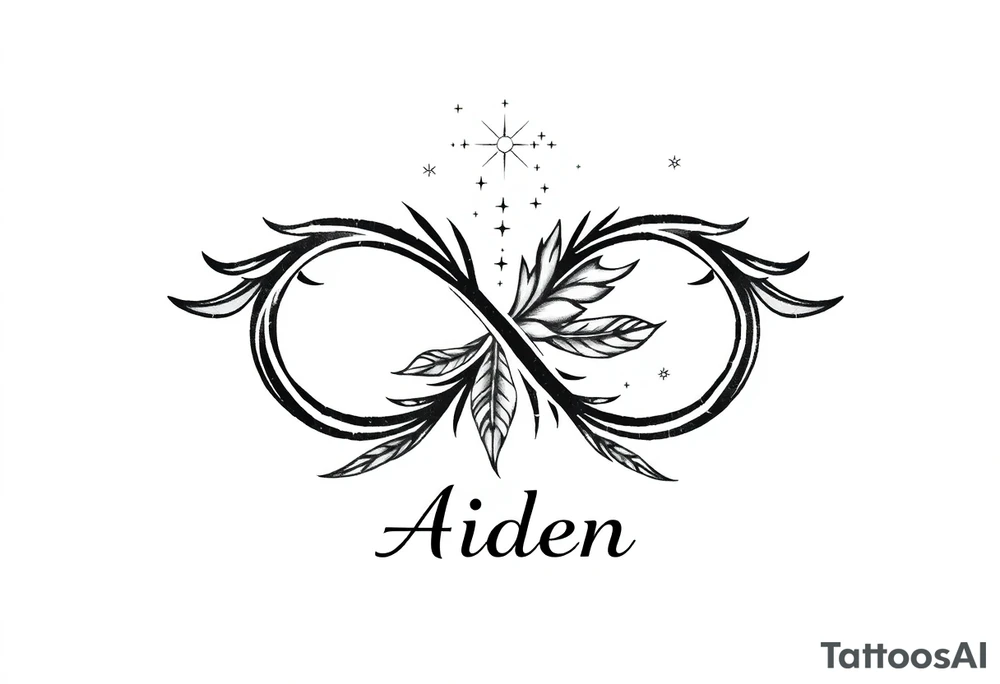 infinity symbol woven with floating feathers and stardust and the name Aiden tattoo idea