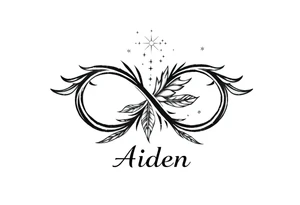 infinity symbol woven with floating feathers and stardust and the name Aiden tattoo idea