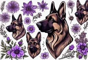Dark Brown female German shepherd portrait surrounded by purple daisies tattoo idea
