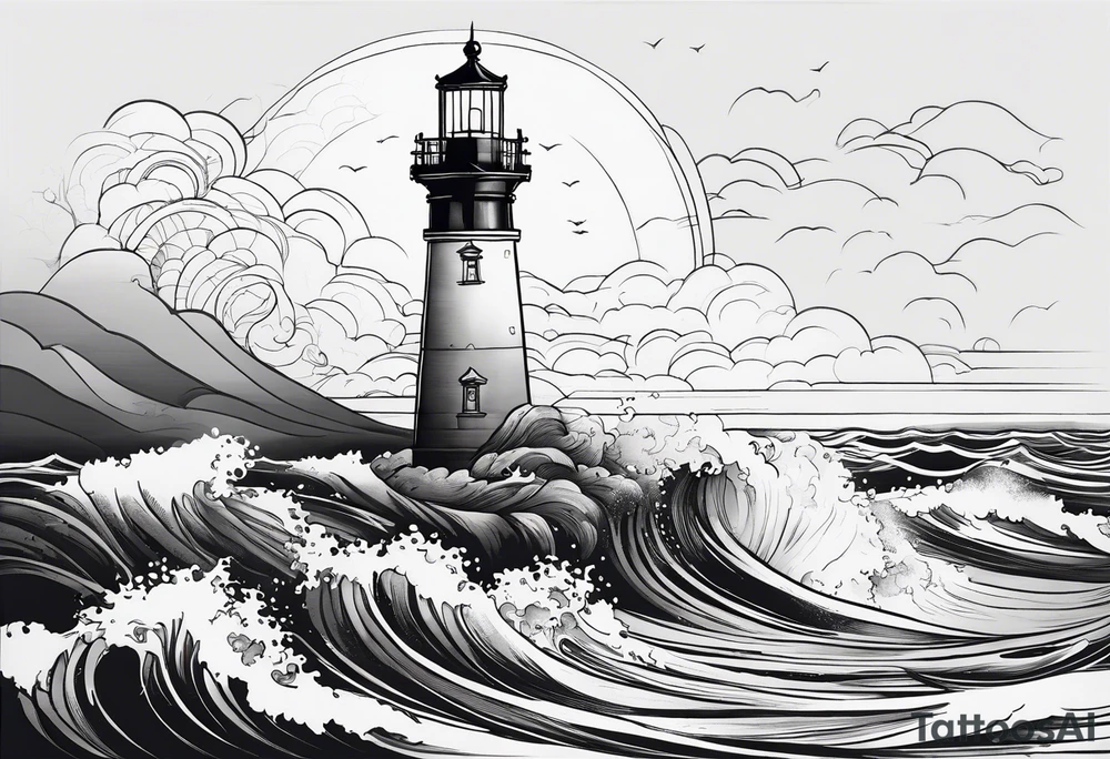 lighthouse at the ocean, minimalist, fine line tattoo idea