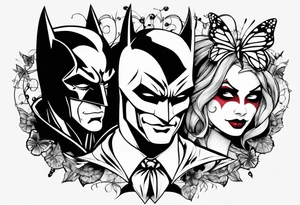 Small Batman and joker with Harley Quinn tattoo with butterflies tattoo idea