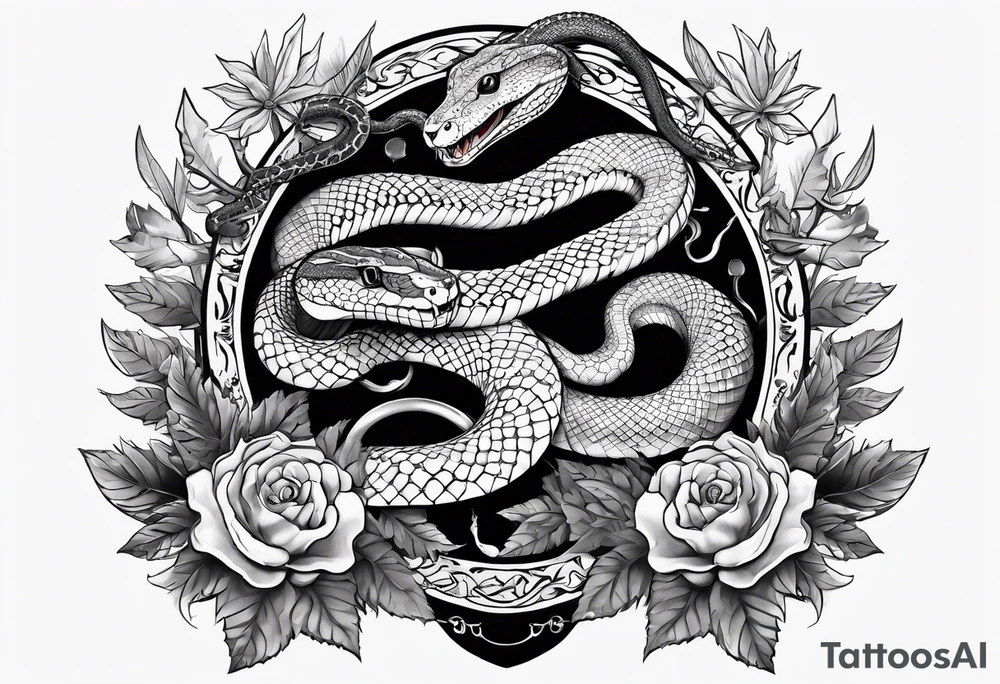 sleeve tattoo with a snake, gun, weed symbol and a medallion that says Hydra tattoo idea