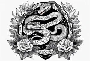 sleeve tattoo with a snake, gun, weed symbol and a medallion that says Hydra tattoo idea