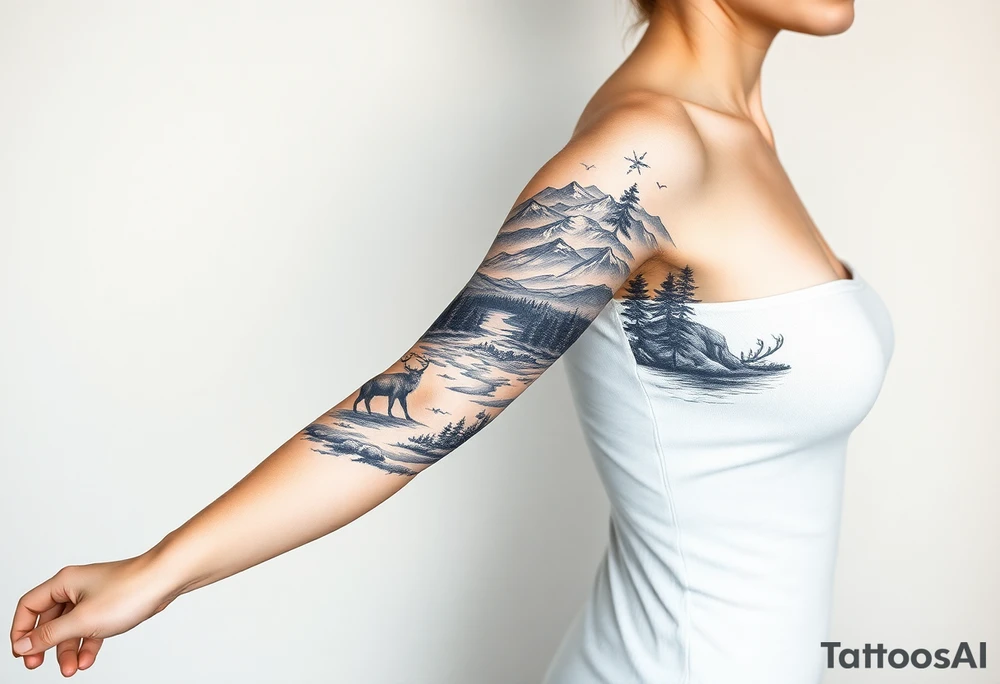 A full-sleeve with the Härjedalen landscape, reindeer, bear, lakes, mountains (Helags), tattoo idea