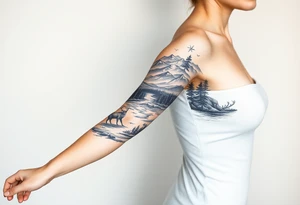 A full-sleeve with the Härjedalen landscape, reindeer, bear, lakes, mountains (Helags), tattoo idea