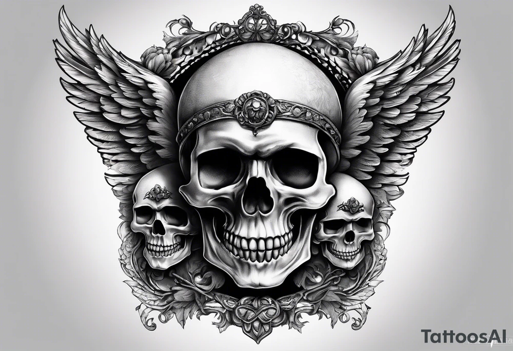 See no evil hear no evil speak no evil skulls go down the back with angel wings wrapped around the skulls tattoo idea
