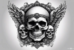See no evil hear no evil speak no evil  skulls go down the back with angel wings wrapped around the skulls tattoo idea