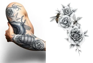 sea creatures,
 honey comb, bees, and roses tattoo idea