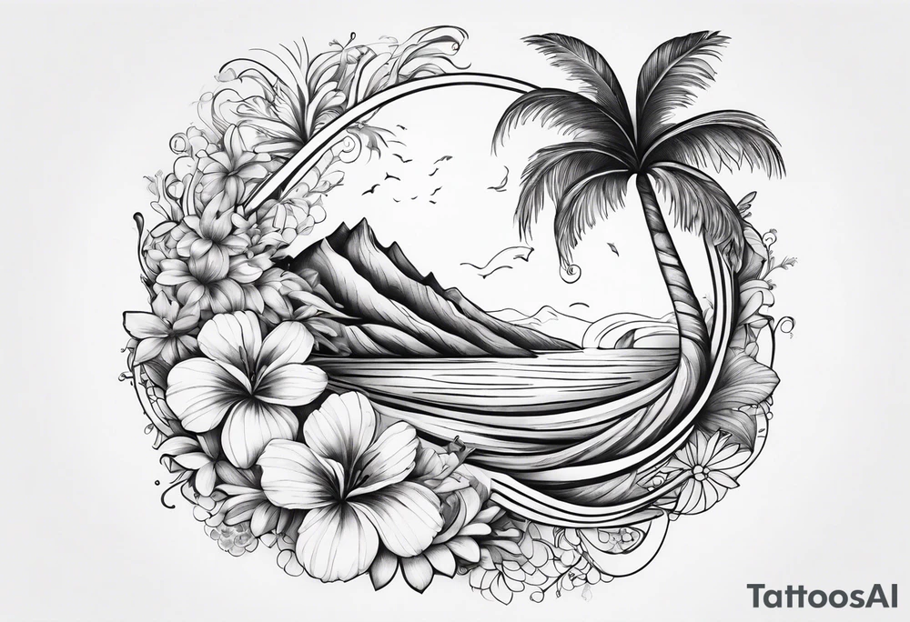 wave,, flower, palm, sea animal tattoo idea