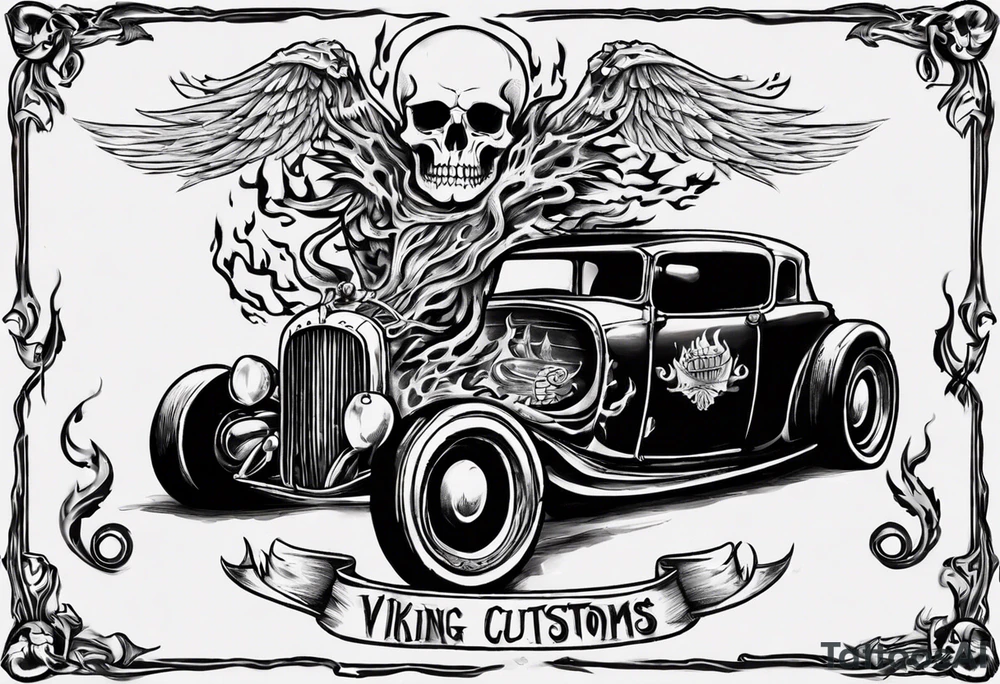 I want a tattoo of a skeleton with flames driving an old vintage car and i want the name “Viking Customs” to be in the tattoo tattoo idea