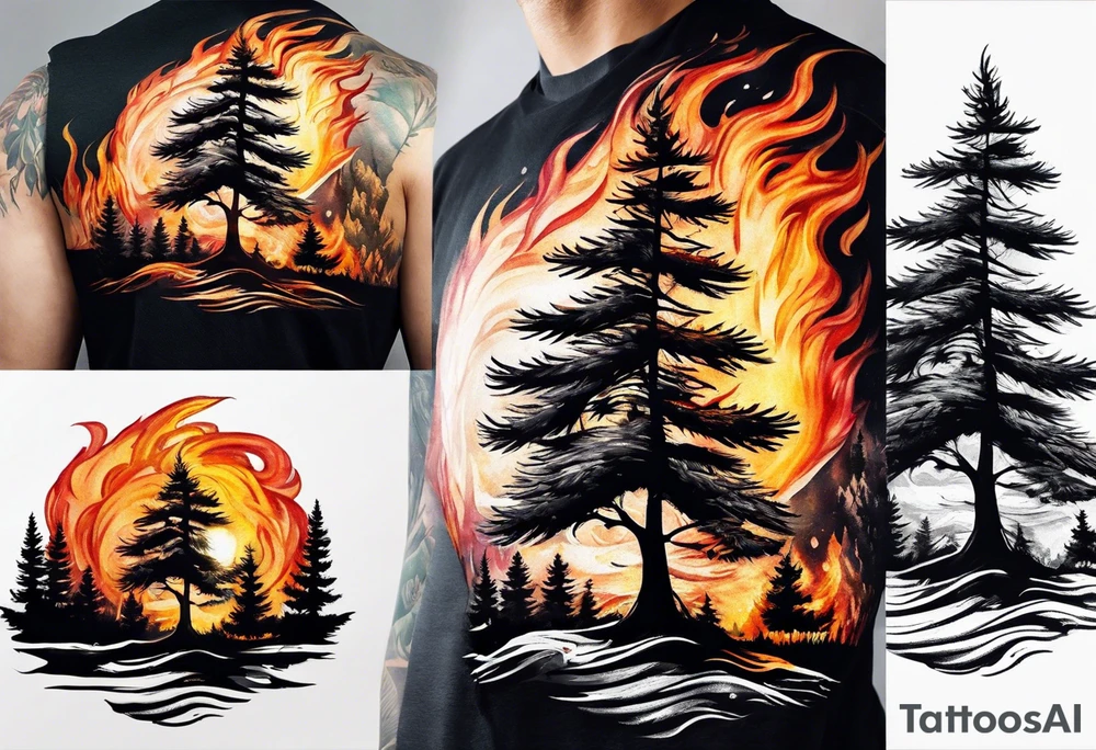 Pine tree turning into flame tattoo idea