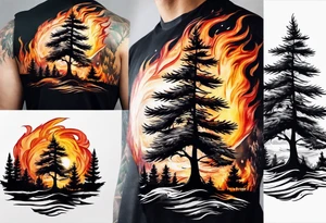 Pine tree turning into flame tattoo idea