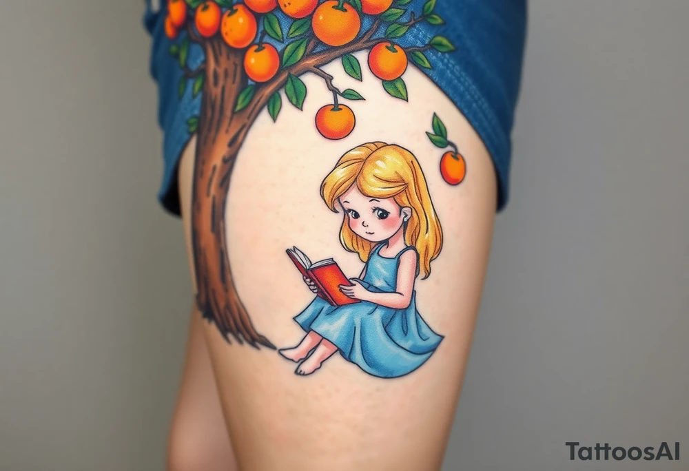 A blond little girl wearing a blue dress sitting under a orange tree while reading a book.


. tattoo idea