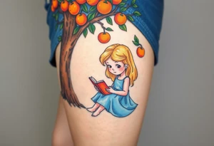 A blond little girl wearing a blue dress sitting under a orange tree while reading a book.


. tattoo idea
