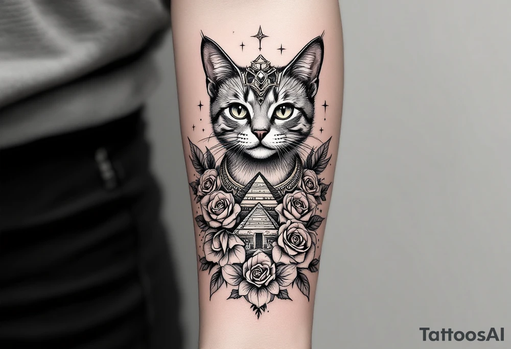 Egyptian cat with pyramids and roses tattoo idea