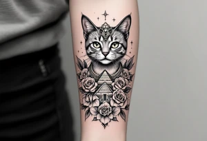 Egyptian cat with pyramids and roses tattoo idea