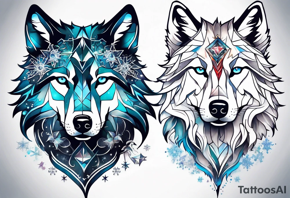 Constellation, two animal wolf, snowflake tattoo idea
