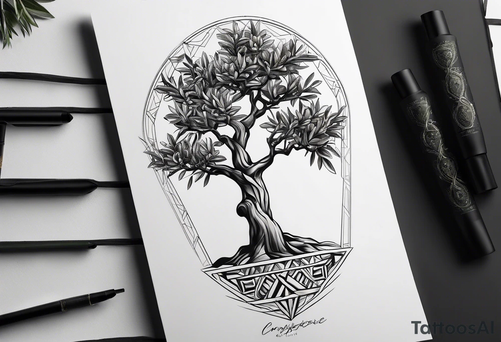 An olive tree growing from a geometric figure tattoo idea