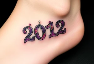 Safety pins through the skin attaching a running number with 2012 and purple and gold accents with “I don’t care, I love it” around the outside tattoo idea