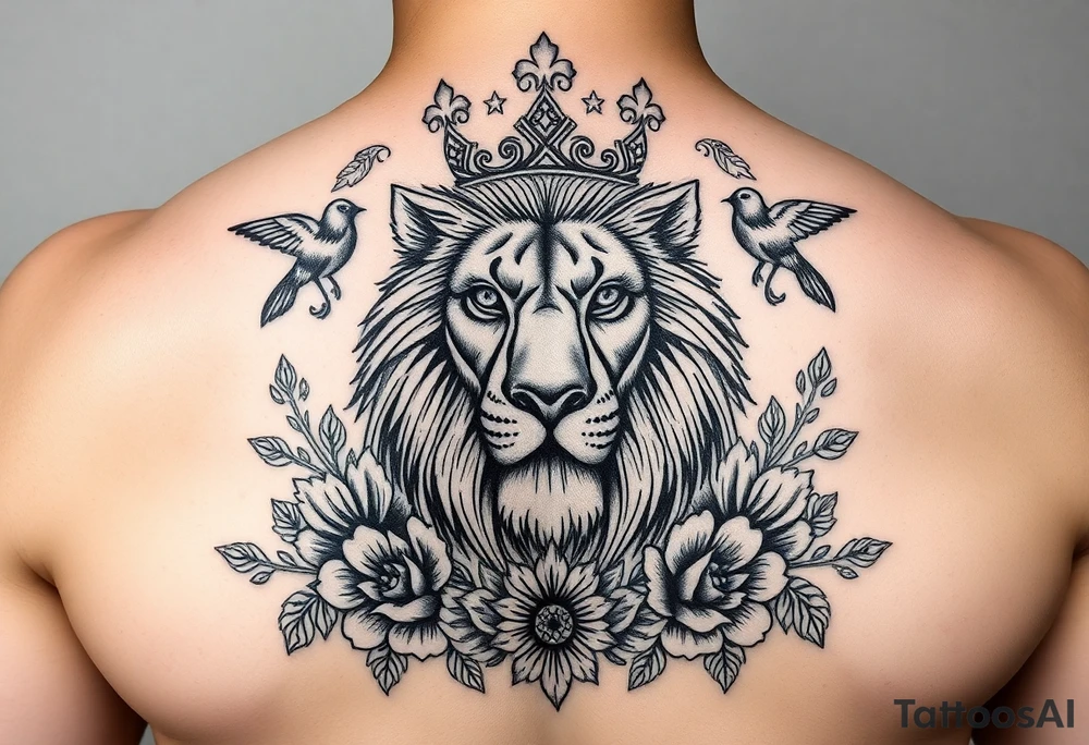 powerful majestic lion with a crown, surrounded by floral ornaments and birds tattoo idea