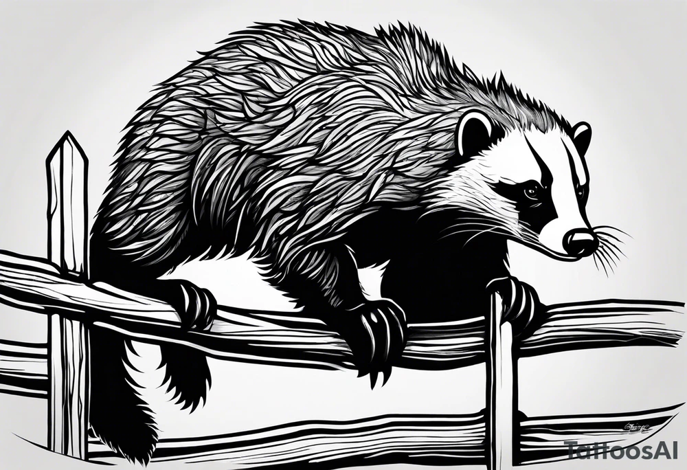 honey badger climbing up/over, claws near face, behind, on its back legs, looking over fence, full body, top view tattoo idea