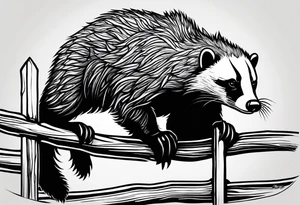 honey badger climbing up/over, claws near face, behind, on its back legs, looking over fence, full body, top view tattoo idea