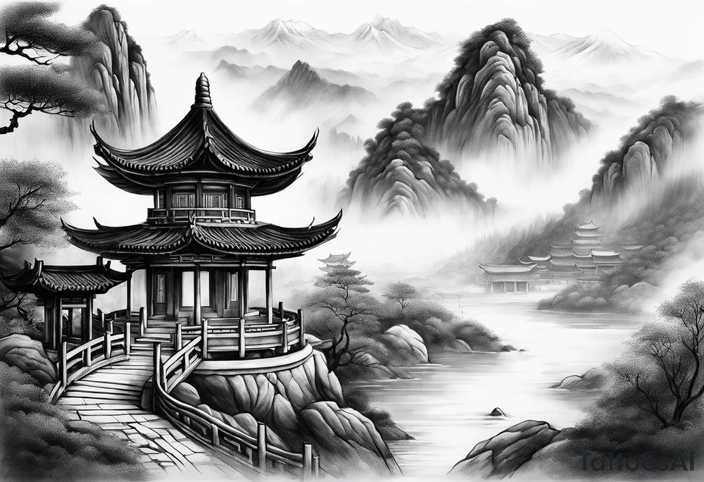 forearm sleeve traditional chinese art painting style autumn mountains mist fog water Chinese temple philosopher wearing robes seated meditating far away in the distance tattoo idea