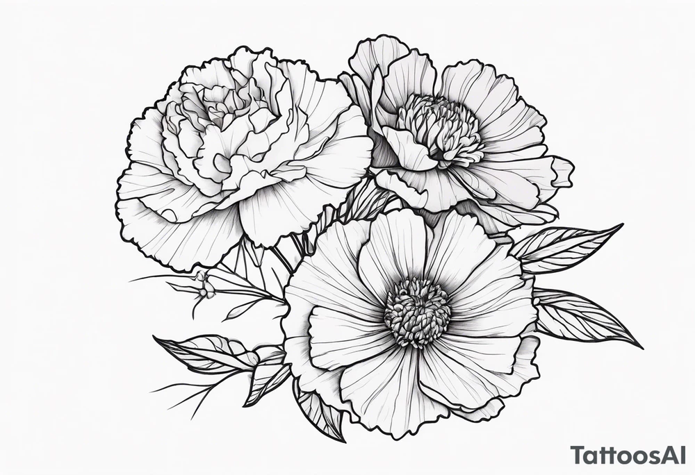 Top view flower arrangement of a carnation aster and violet tattoo idea