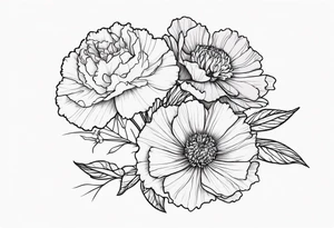Top view flower arrangement of a carnation aster and violet tattoo idea