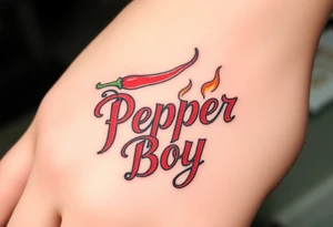 Chili pepper and fire lettering says Pepper Boy tattoo idea