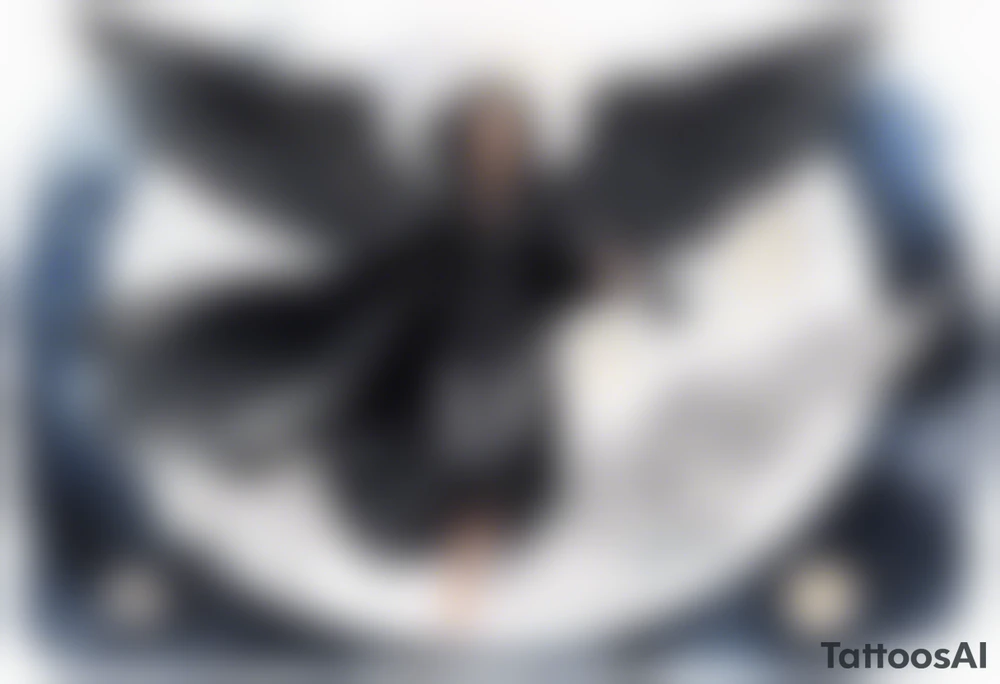 a beautiful 45 year old woman flying in the night sky with black wings, wearing a black cloak and black gloves, bare feet tattoo idea