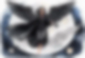 a beautiful 45 year old woman flying in the night sky with black wings, wearing a black cloak and black gloves, bare feet tattoo idea