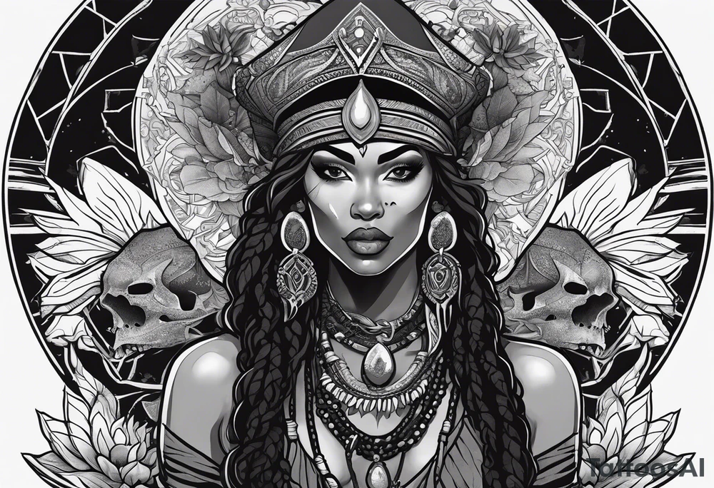 valkrye, kali, pirate, african goddess, , warrior, native american, lotus, zenza resonance, skulls, dragon, pachamama, left side face, chest, right wing, tattoo idea