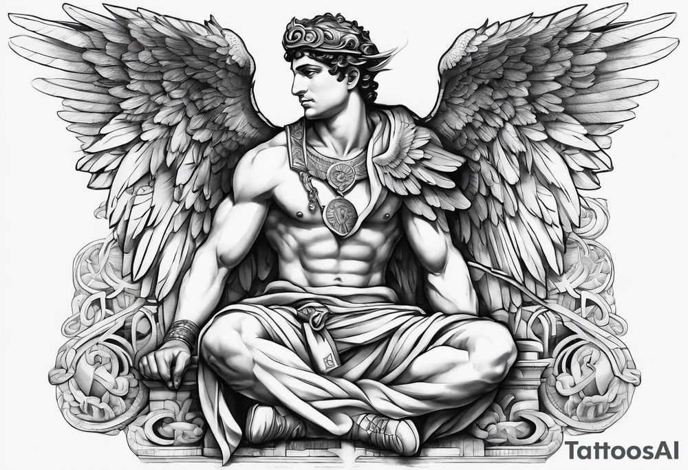 God hermes kneeling with wings wrapped around him tattoo idea tattoo idea