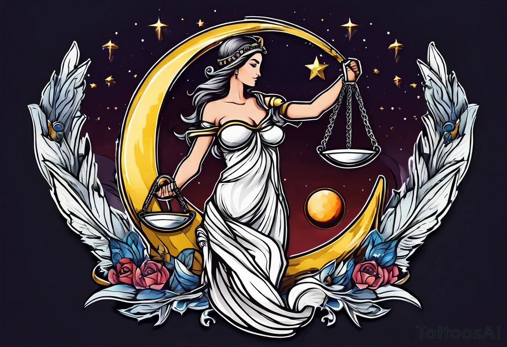 Themis holding the scales of justice while blindfolded with a moon in the background in color tattoo idea