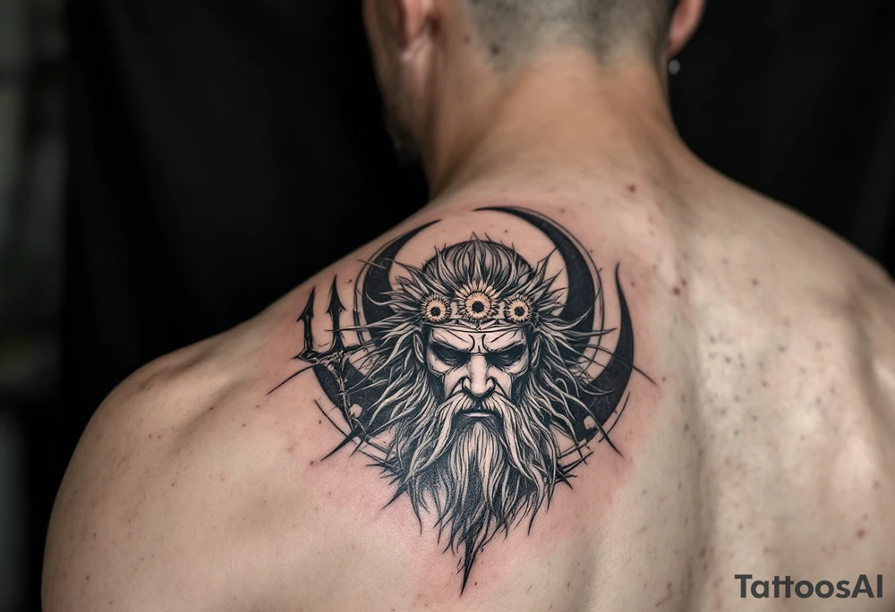 poseidon with trident and 3 suns tattoo idea