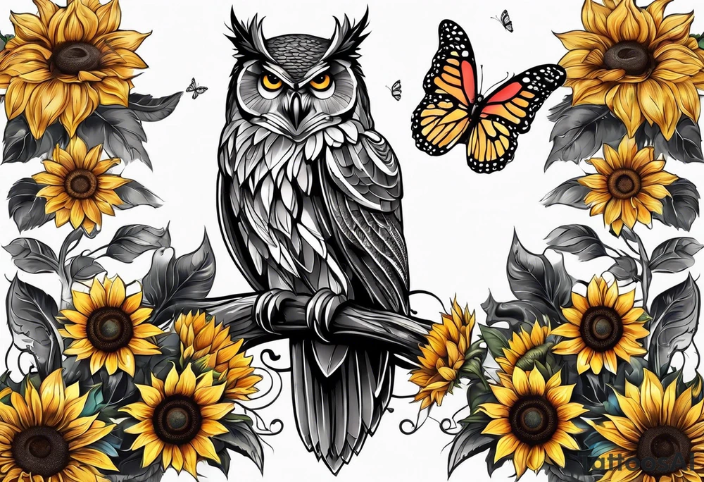 Arm sleeve with an owl surrounded by sunflowers with a butterfly on the sunflower tattoo idea