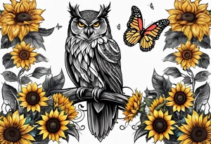 Arm sleeve with an owl surrounded by sunflowers with a butterfly on the sunflower tattoo idea