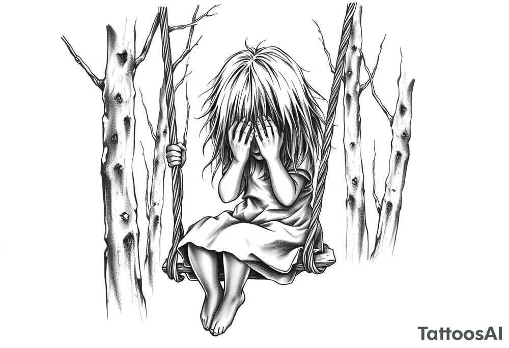 creepy grudge style little girl with hair covering her face in the woods on a rope swing tattoo idea