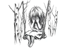 creepy grudge style little girl with hair covering her face in the woods on a rope swing tattoo idea
