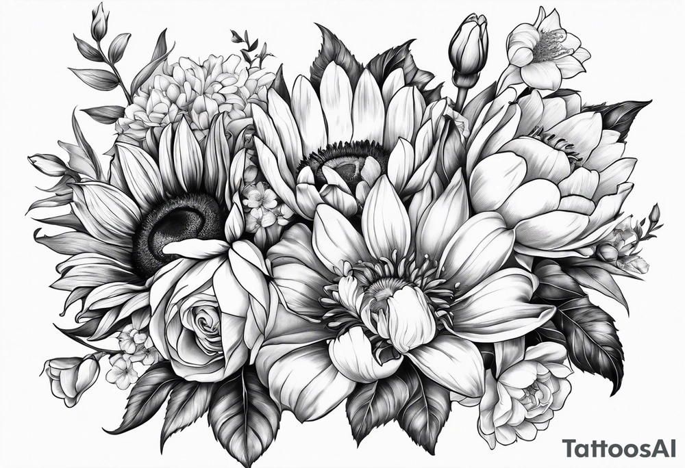 Bouquet with sunflower, lily, peony, cherry blossom and tulip tattoo idea
