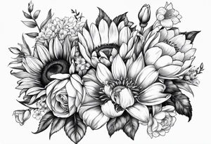Bouquet with sunflower, lily, peony, cherry blossom and tulip tattoo idea