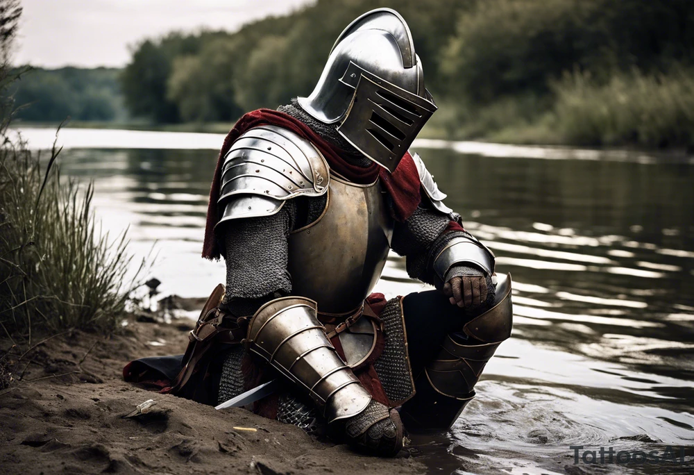 A knight in full armor, severely damaged, is kneeling at the edge of a calm river. His helmet is raised, revealing a face marked by fatigue, sweat, and dirt. His armor bears the traces of a fierce battle: scratches, dents, and dried blood stains. He holds his sword, embedded in the ground, and a battle-scarred shield rests beside him. The knight gazes at the water, finding a moment of respite in the tranquility of the surrounding landscape. tattoo idea