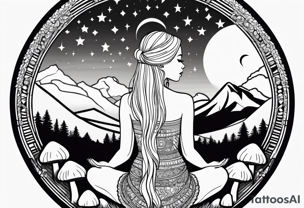 Straight blonde hair girl meditating facing away toward mountains surrounded by mushrooms crescent moon mandala circular design black and white striped dress tattoo idea