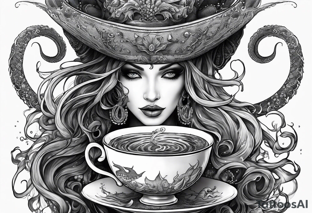 a sea witch with tentacles holding a teacup tattoo idea
