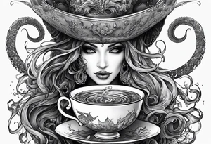 a sea witch with tentacles holding a teacup tattoo idea